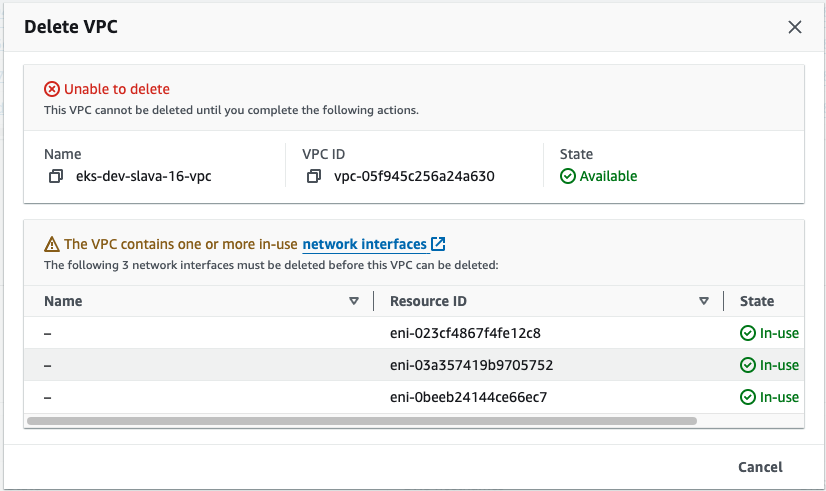 Failed VPC deletion